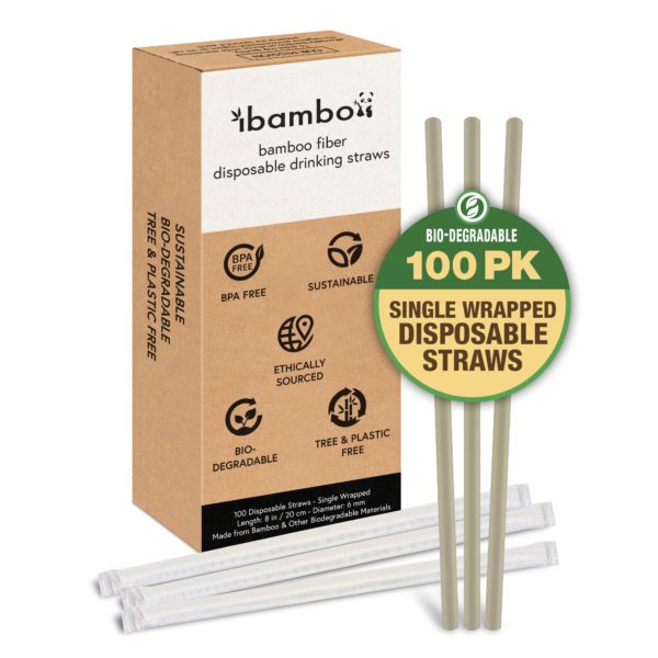 100 Disposable Indiv Wrap Bamboo Straws Package Straws with Icon