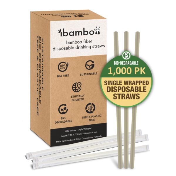 1000 Disposable Indiv Wrap Bamboo Straws Package & Straws