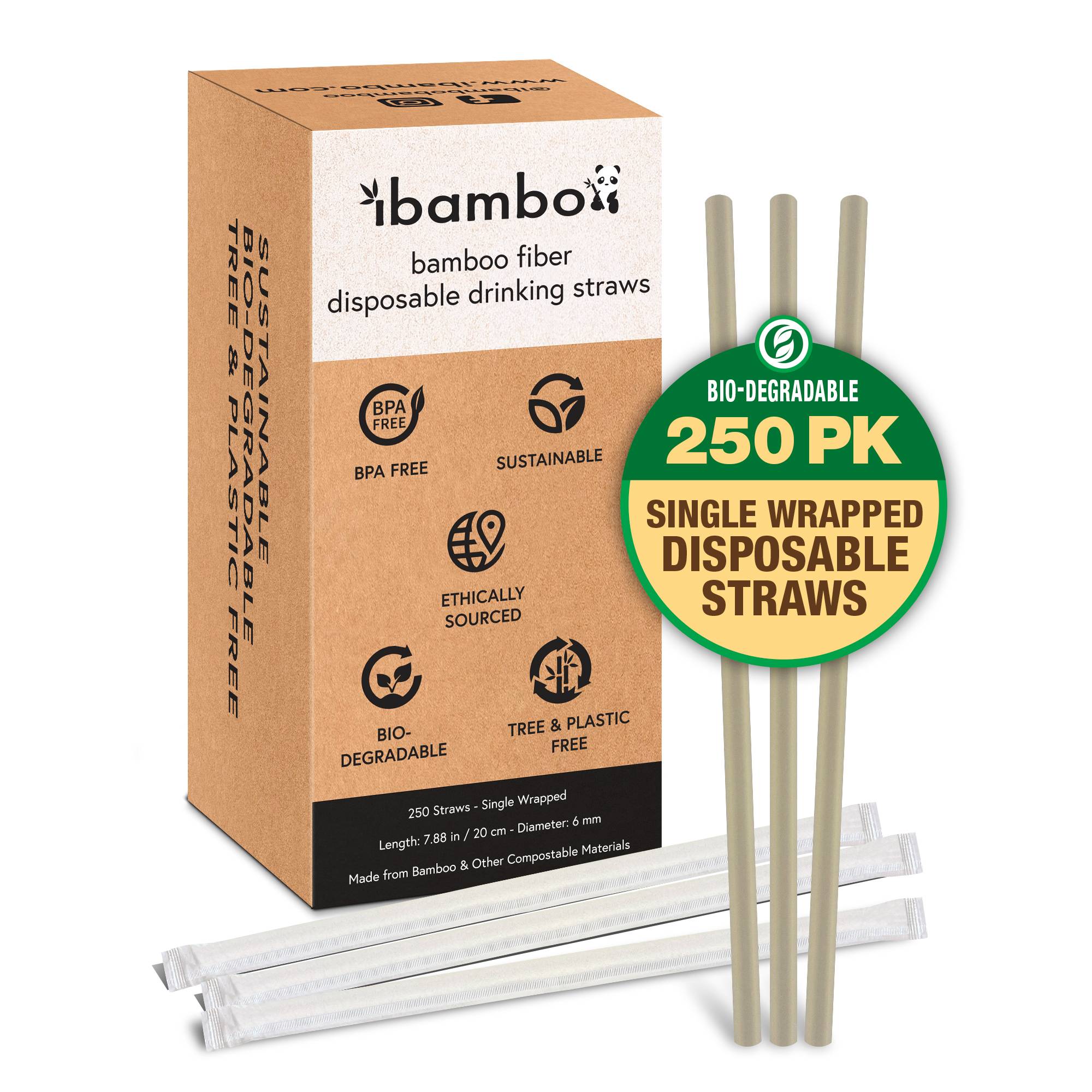 250 Disposable Indiv Wrap Bamboo Straws Package & Straws with Icon_2