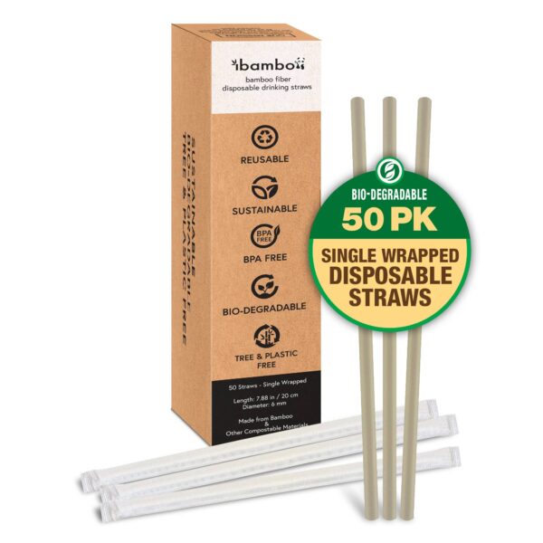 50 Disposable Indiv Wrap Bamboo Straws Package & Straws with Icon_2
