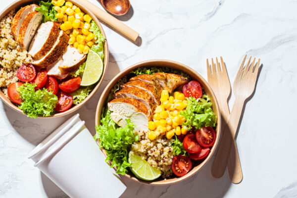 chicken dinner with bamboo forks