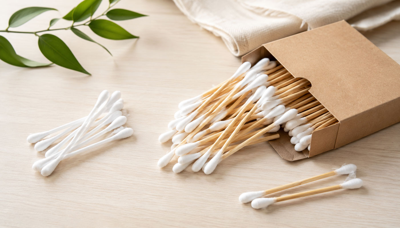 Bamboo cotton swabs next to plastic cotton swabs
