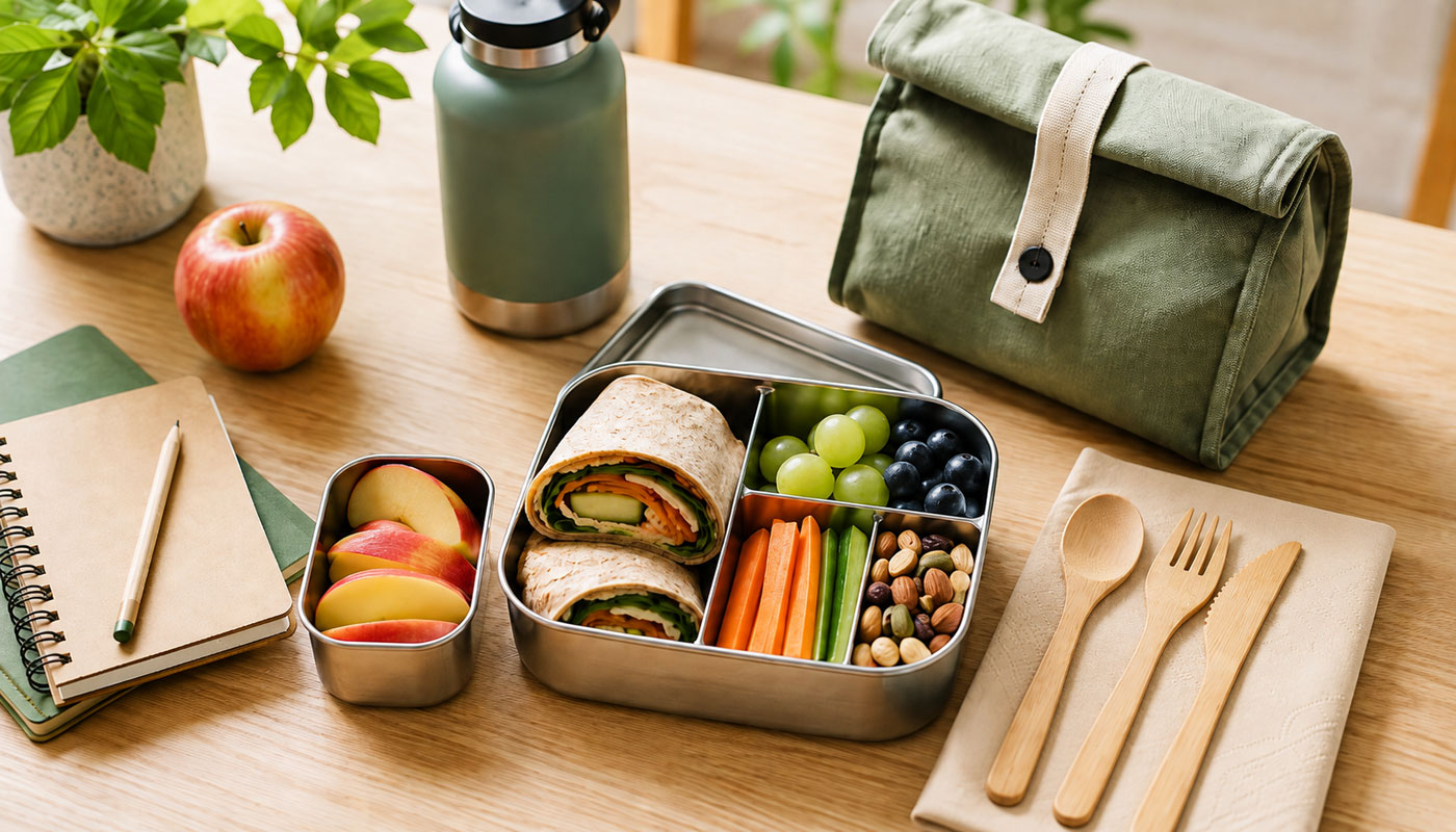 an eco friendly school lunch with bamboo cutlery and napkins